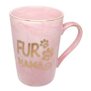 Marbleized Pink Ceramic "Fur Mama" Coffee Tea Mug Cup w Gold Paw Print Design